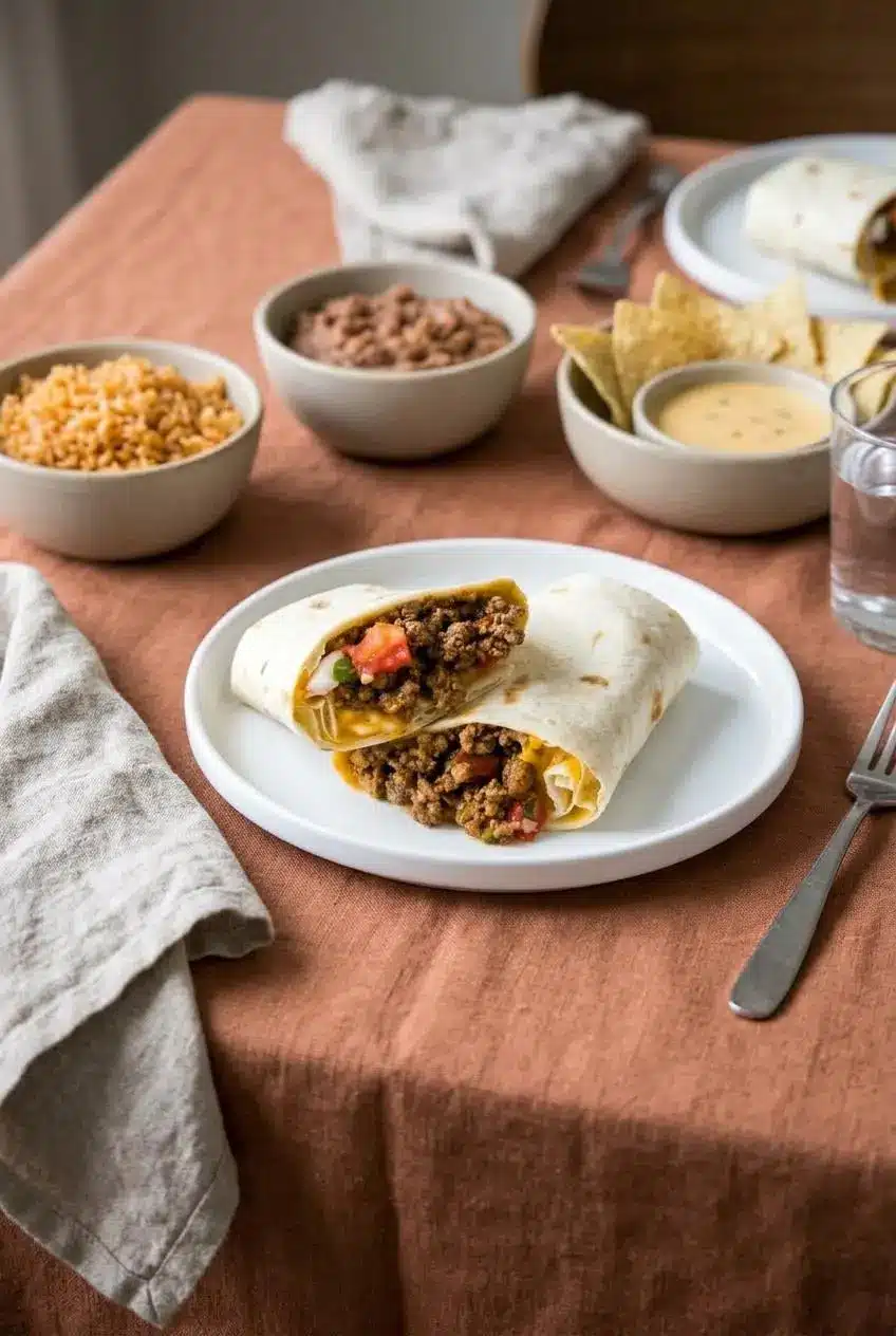 Steamed Meximelt rolls served on a dining table alongside bowls of Spanish rice, refried beans, tortilla chips, and queso dip.