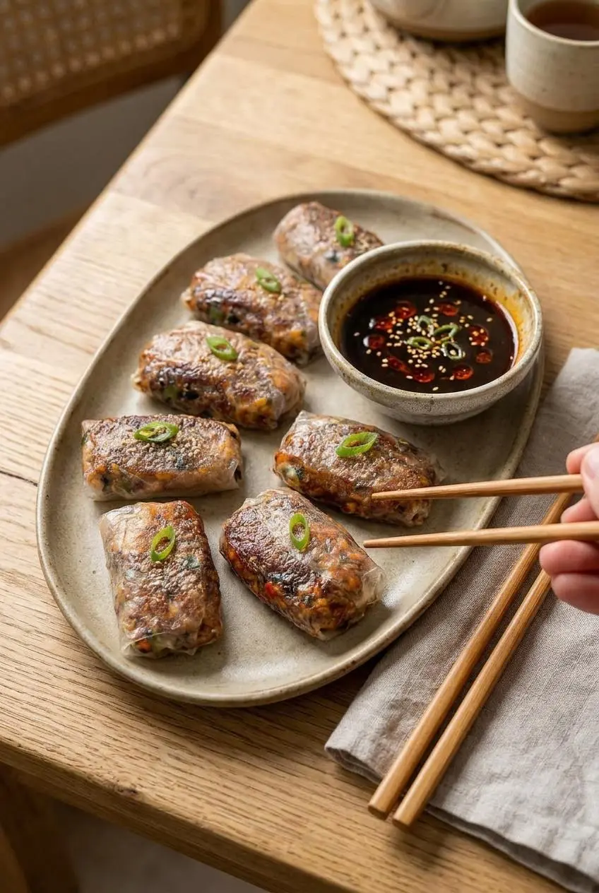 Golden rice paper dumplings served on a ceramic platter beside spicy hoisin dipping sauce.