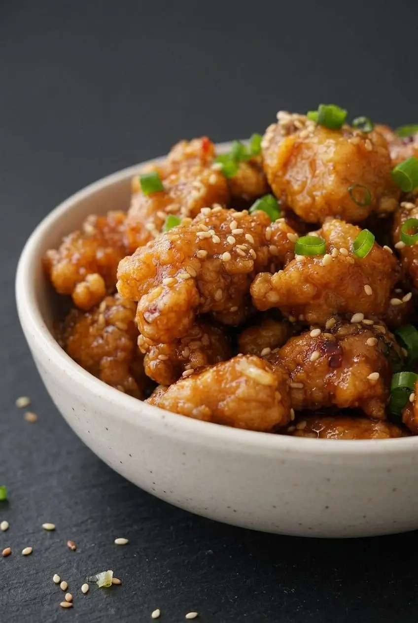Close-up of blistered cornstarch crust on fried chicken cubes coated in amber garlic honey butter glaze and sesame seeds.