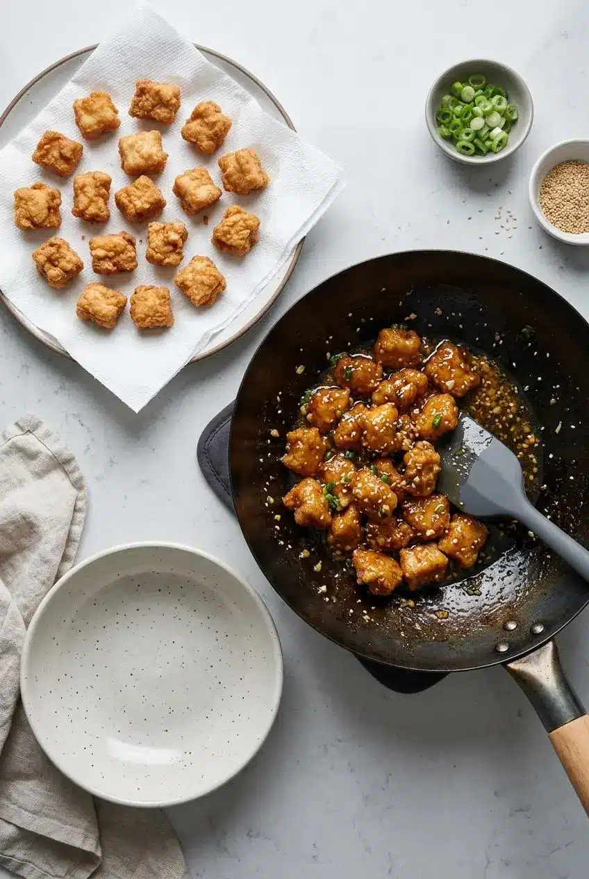 Overhead view of crispy fried chicken draining in a single layer on paper towels next to a wok with honey butter glaze.