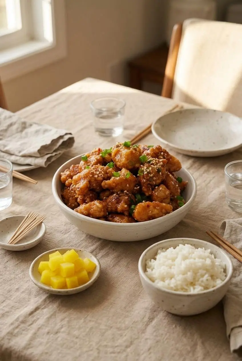 Honey butter fried chicken served on a table alongside steamed white jasmine rice, yellow pickled radish cubes, and toothpicks.