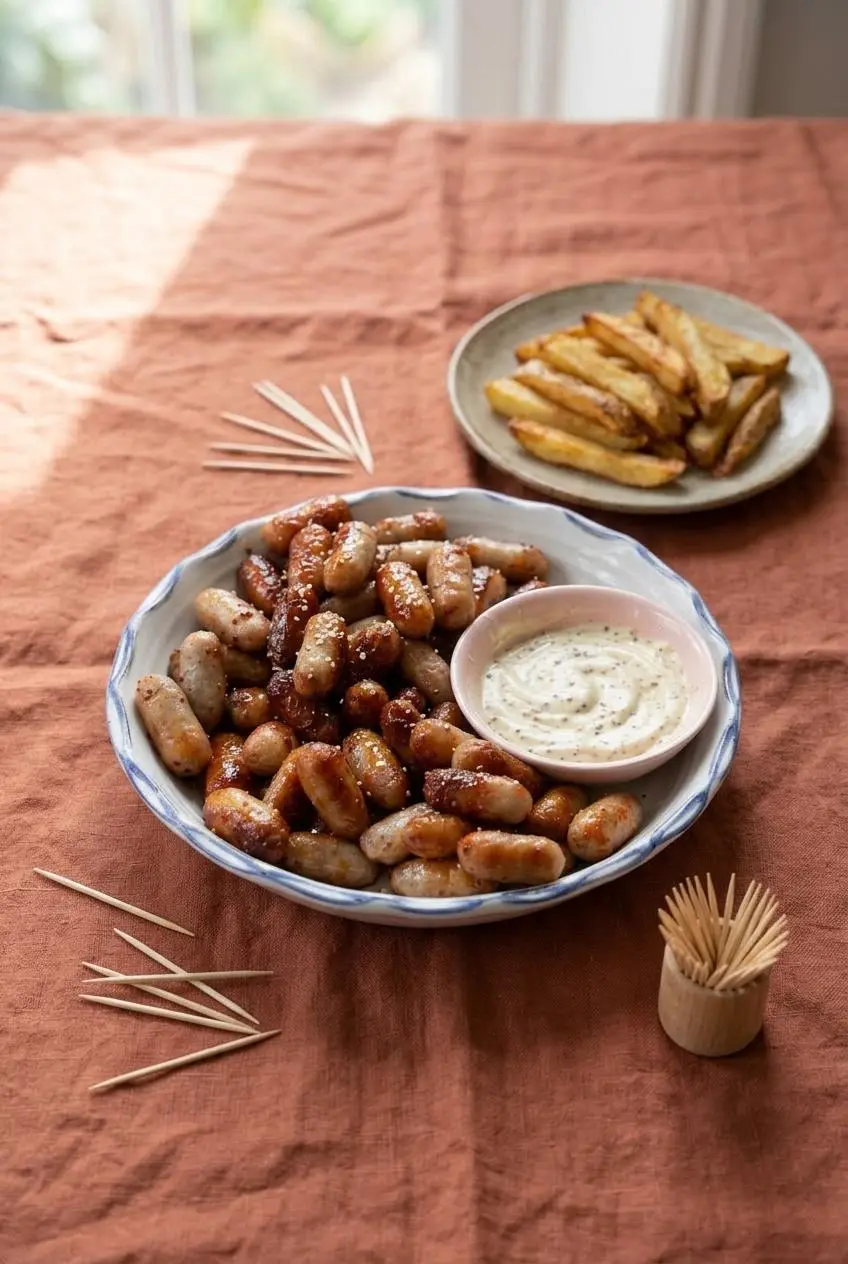 Platter of honey mustard cocktail sausages with toothpicks, creamy mustard mayo dip, and a plate of crispy steak fries.