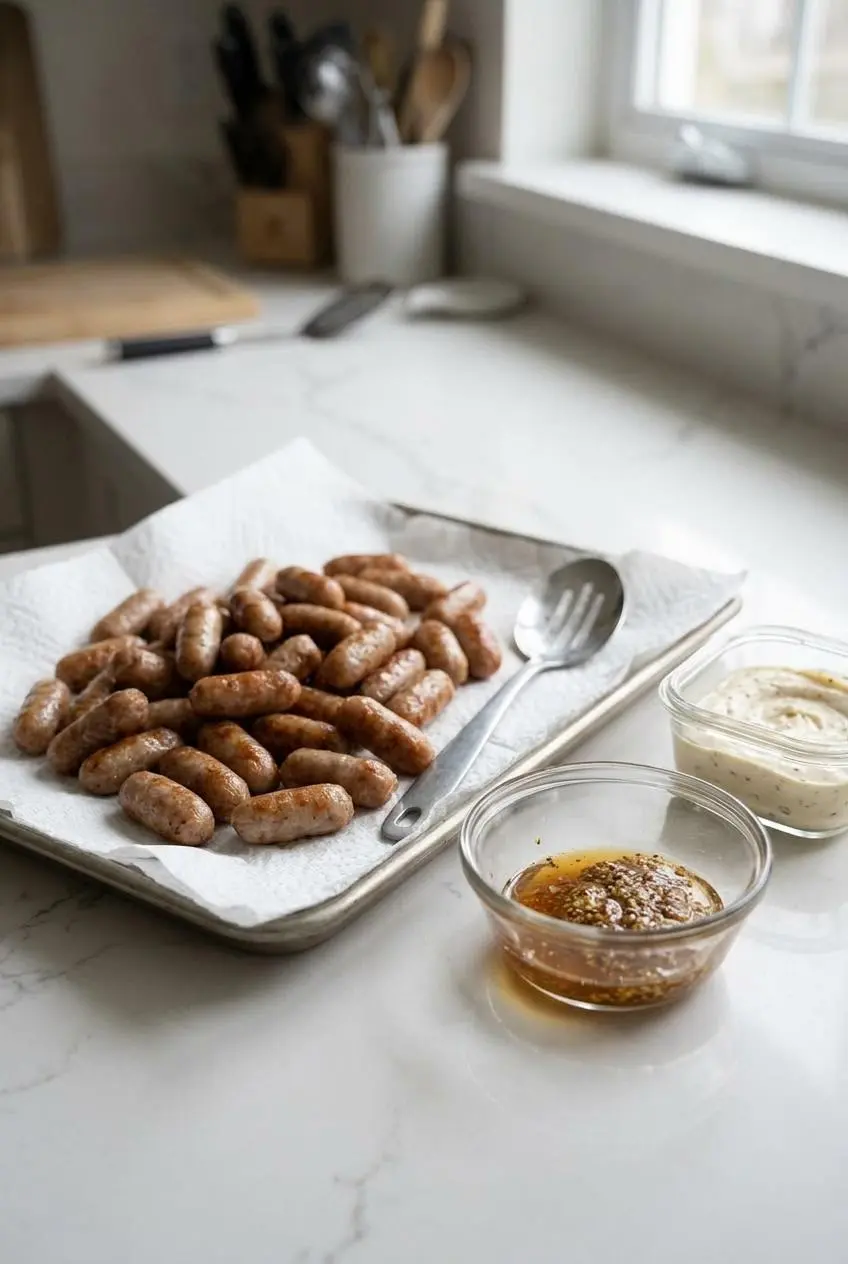 Browned cocktail sausages draining on paper towels next to a slotted spoon, mixed honey mustard glaze, and covered dip.