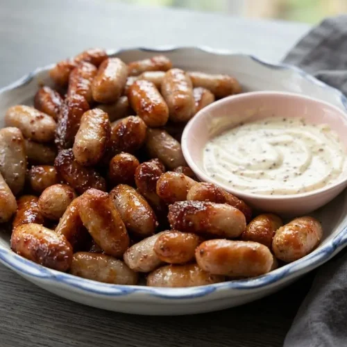 Honey mustard sausages recipe with glossy golden glaze, white sesame seeds, and creamy mustard mayonnaise dip.
