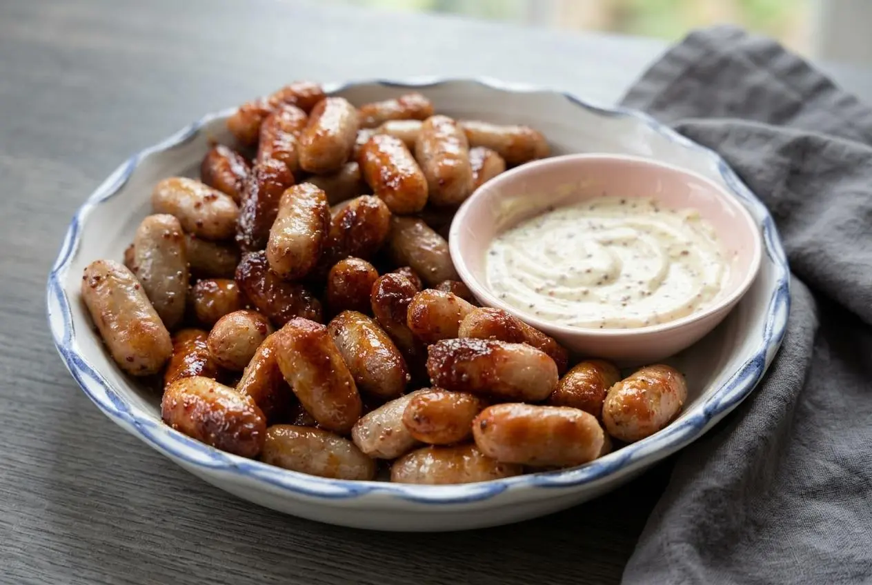 Honey mustard sausages recipe with glossy golden glaze, white sesame seeds, and creamy mustard mayonnaise dip.