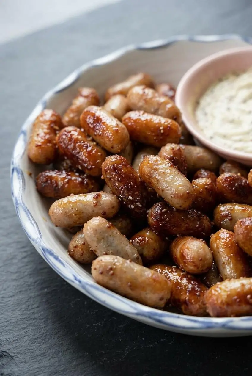 Close-up of blistered cocktail sausages coated in a thick, glossy honey and wholegrain mustard glaze with sesame seeds.