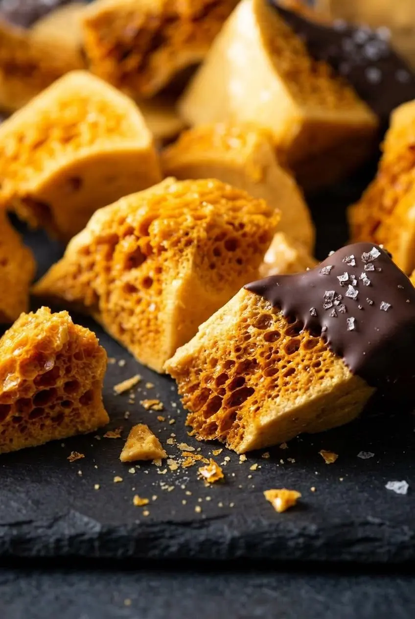 Close-up of broken honeycomb candy on dark slate showing crisp amber sugar bubbles, dark chocolate coating, and sea salt.