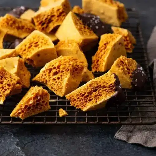 Chunks of this honeycomb candy recipe showing airy golden sugar bubbles dipped in dark chocolate and flaky sea salt.