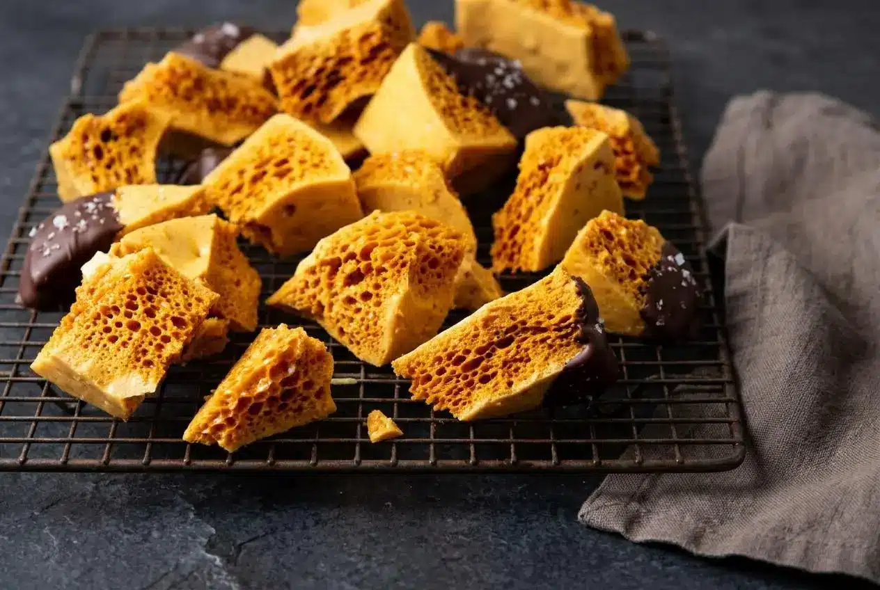 Chunks of this honeycomb candy recipe showing airy golden sugar bubbles dipped in dark chocolate and flaky sea salt.