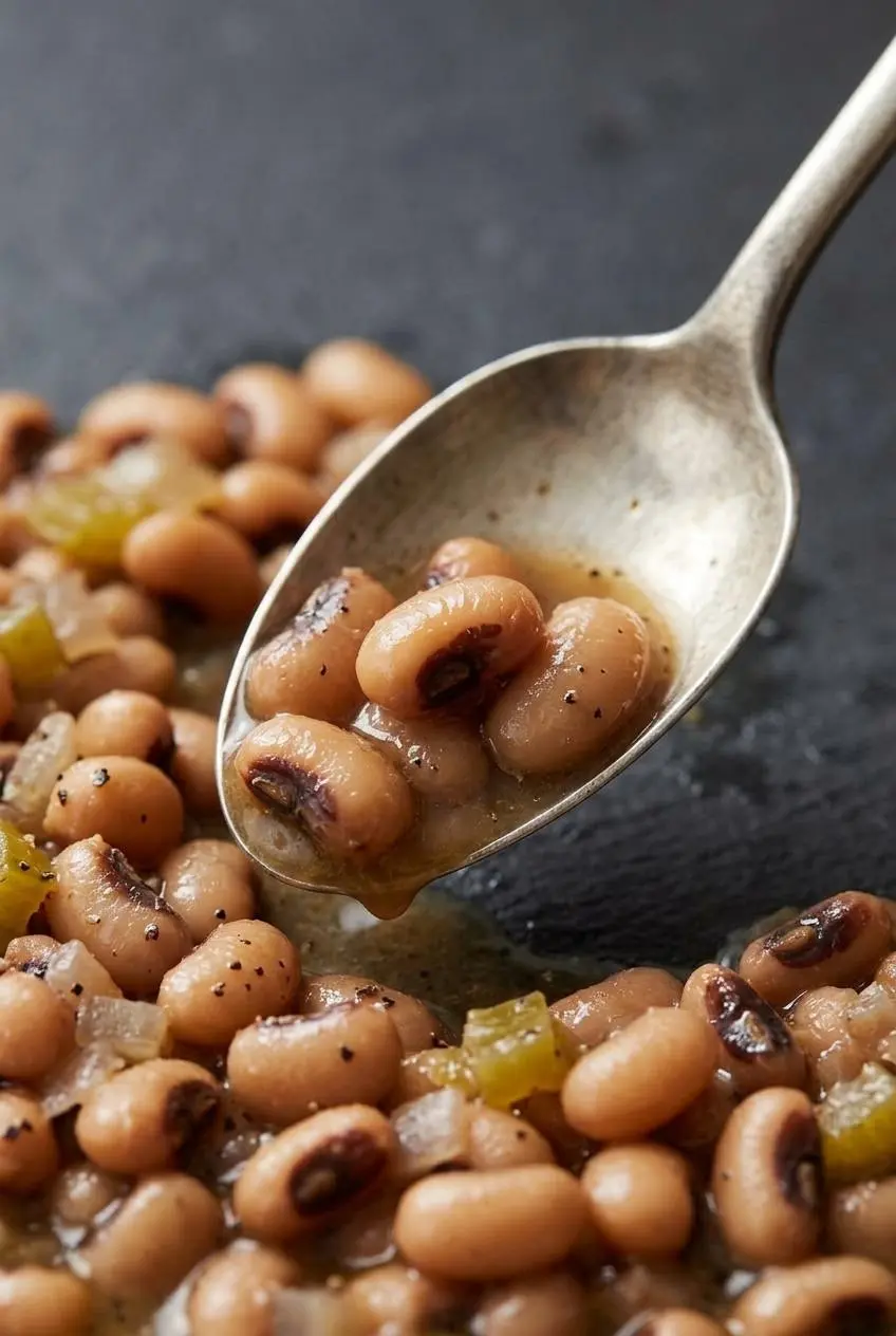 Spoon lifting intact, tender black-eyed peas dripping with silky pot liquor.