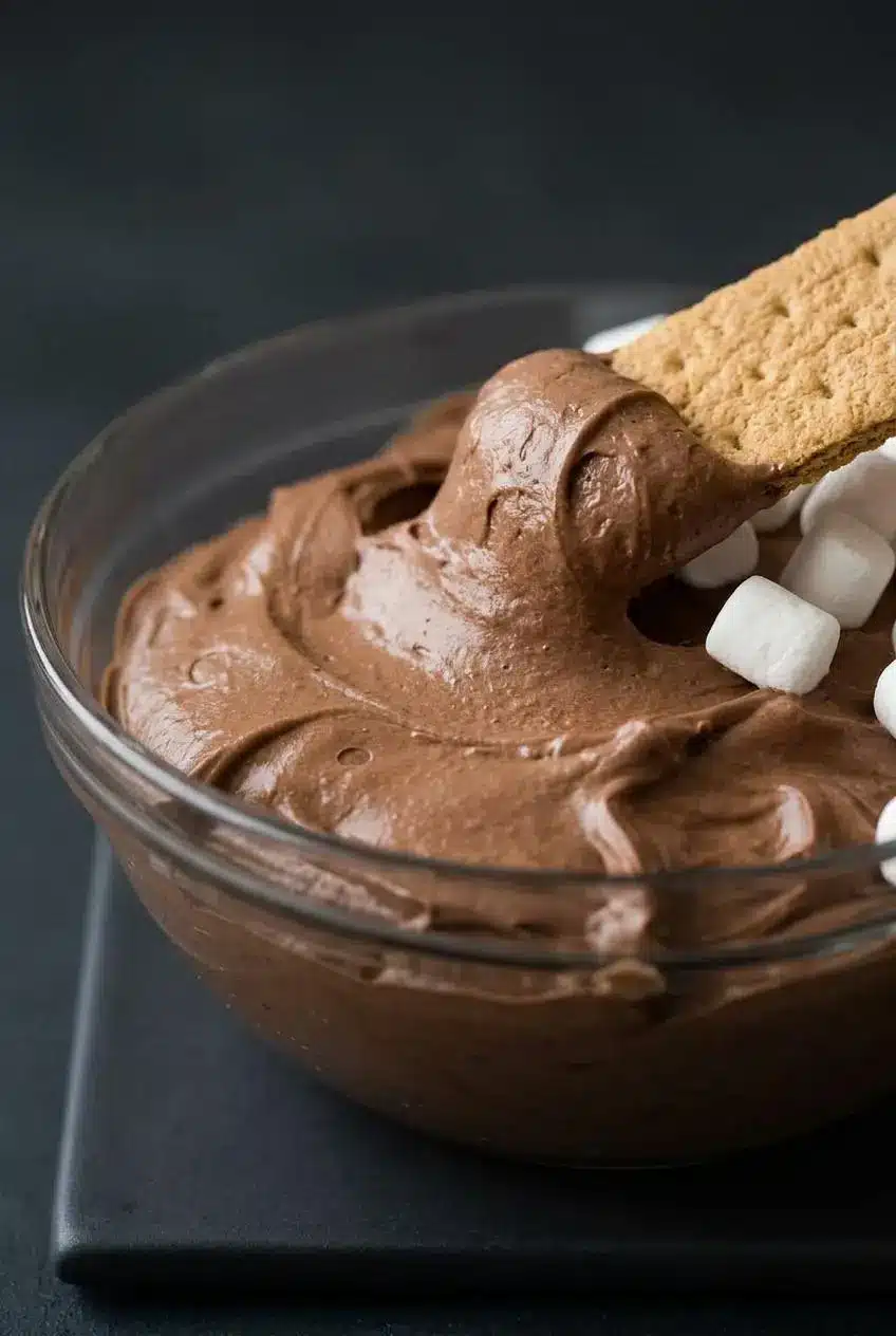 Graham cracker scooping a velvety swirl of aerated hot chocolate dip with mini marshmallows.