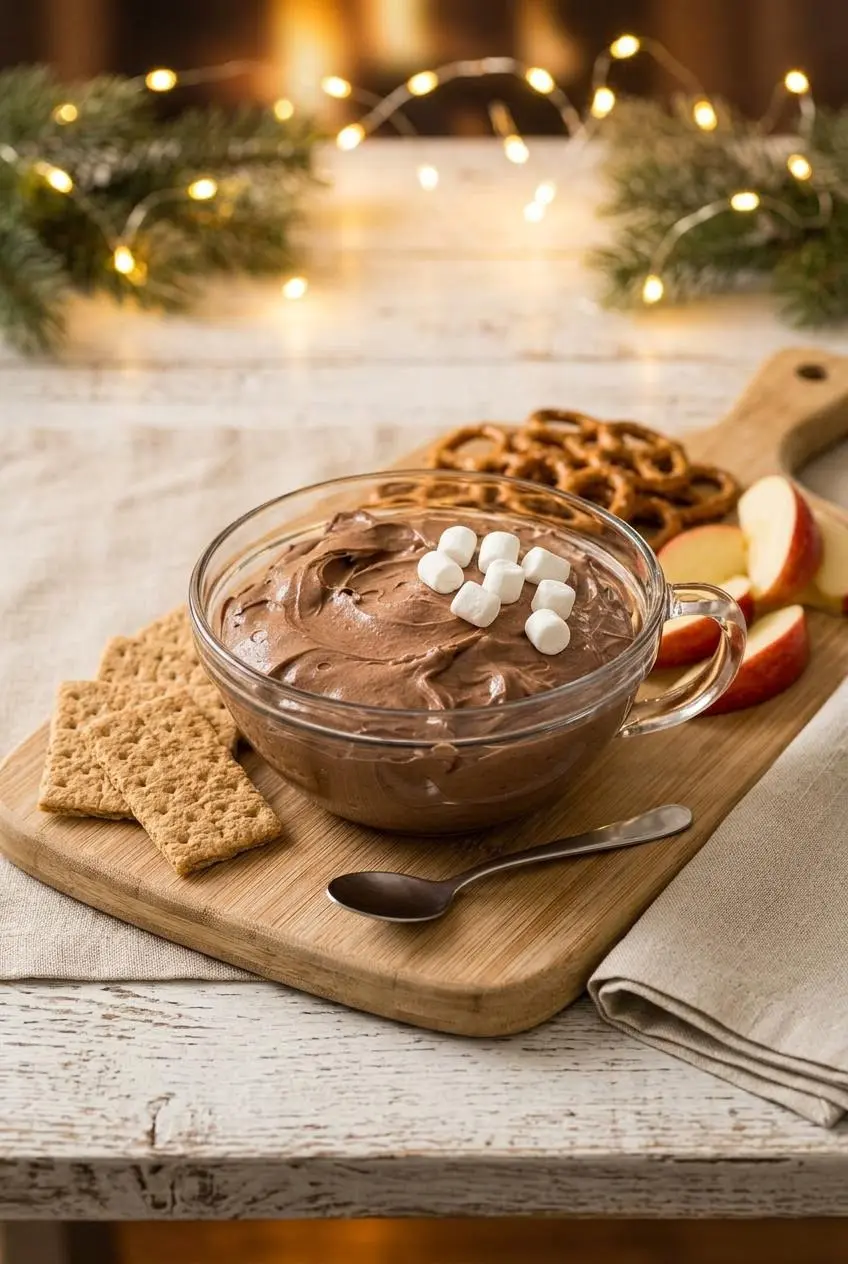 Dessert board with a bowl of hot chocolate dip, salted pretzels, graham crackers, and apple slices.