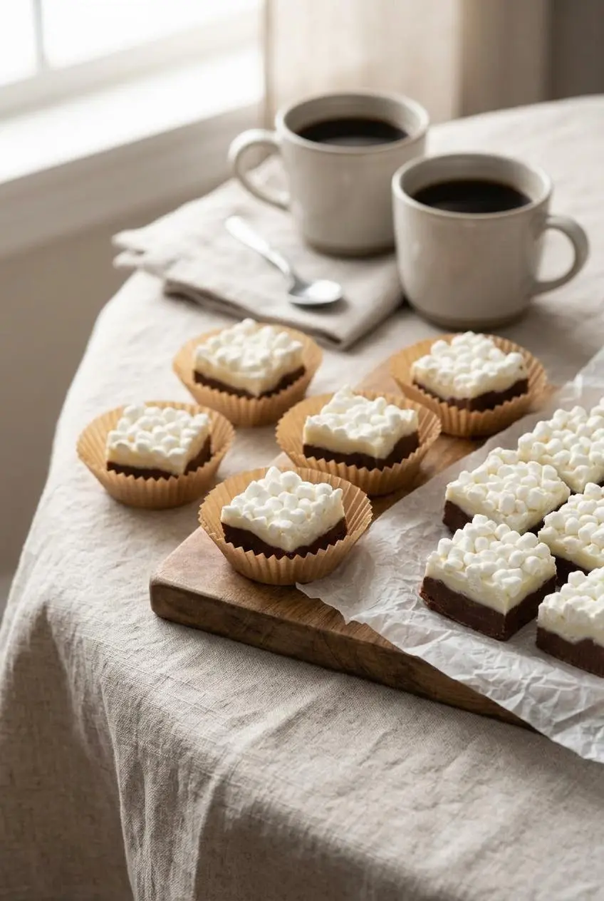 Hot chocolate fudge squares in paper candy cups on a linen table with two mugs of black coffee in the background