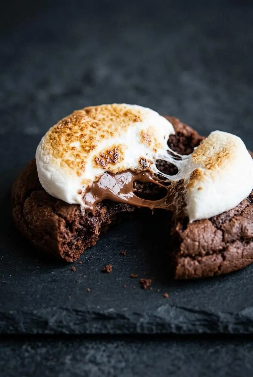 Broken dark chocolate cookie showing a dense fudgy center and a stretchy melted marshmallow pull.