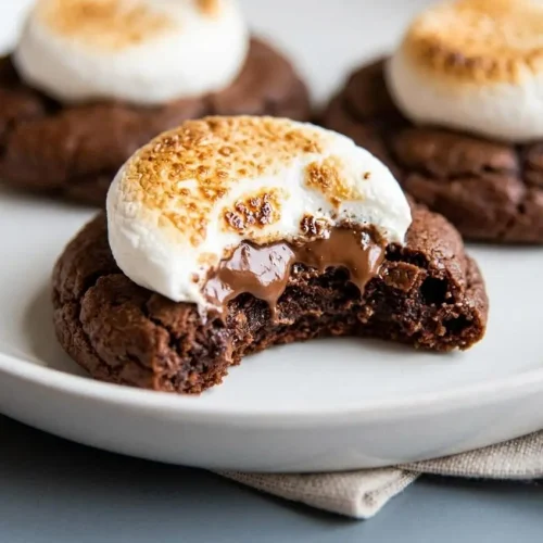 Fudgy hot cocoa cookies topped with melted chocolate and soft, gooey puffed marshmallows.