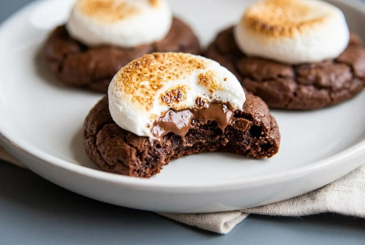 Fudgy hot cocoa cookies topped with melted chocolate and soft, gooey puffed marshmallows.