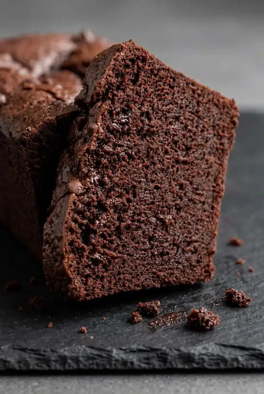 Thick slice of hot fudge brownie bread showing a moist, dense crumb and delicate crackled crust.