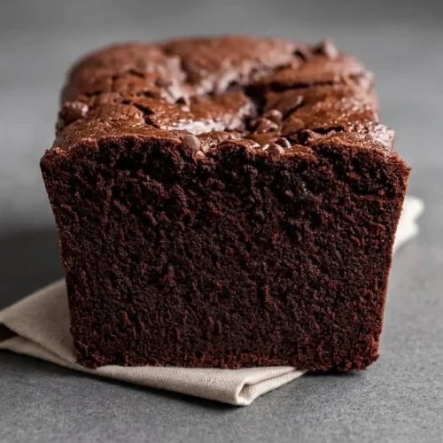 Rich hot fudge brownie bread loaf with a shiny crackly crust and fudgy chocolate crumb.