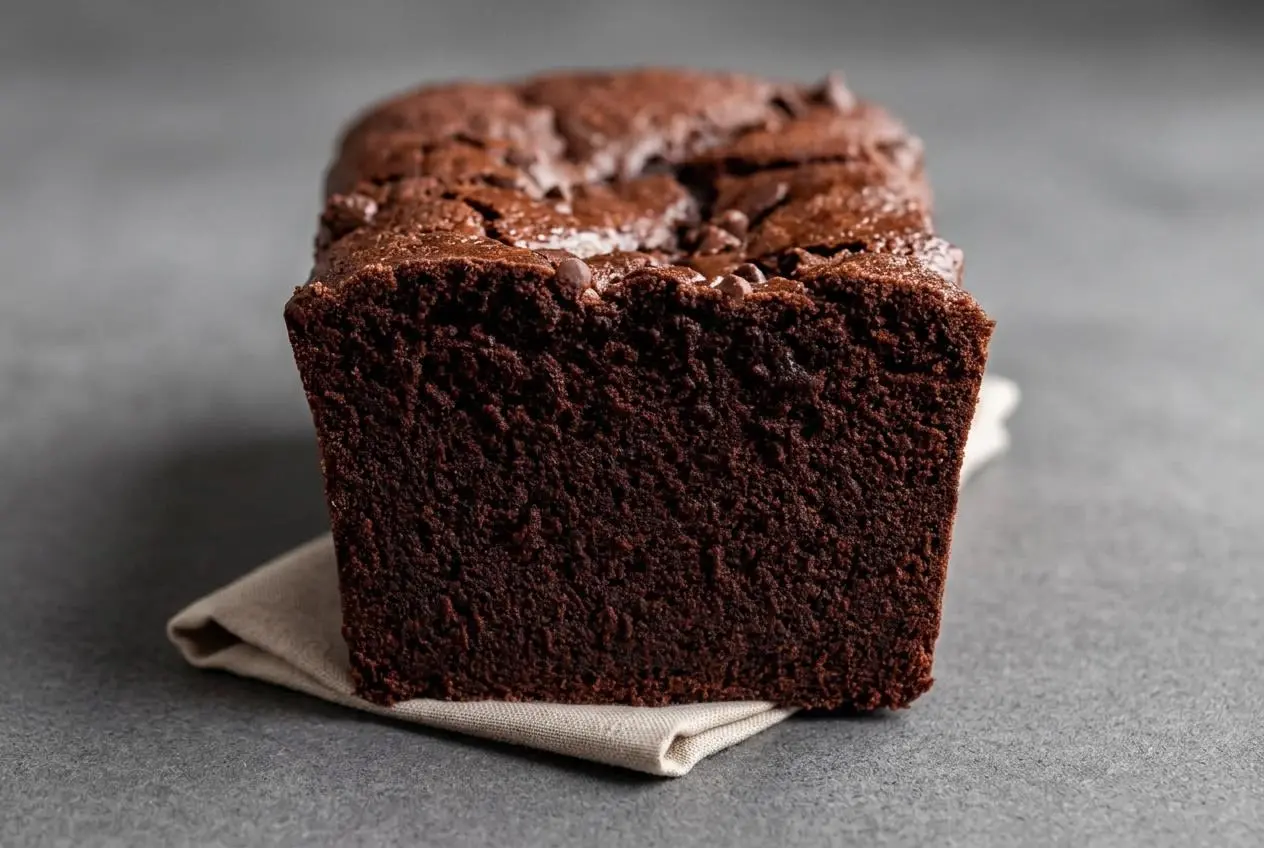 Rich hot fudge brownie bread loaf with a shiny crackly crust and fudgy chocolate crumb.