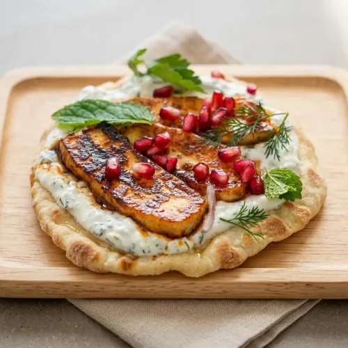 Hot honey halloumi flatbreads topped with glossy seared cheese, cool mint yogurt, and ruby pomegranate seeds.