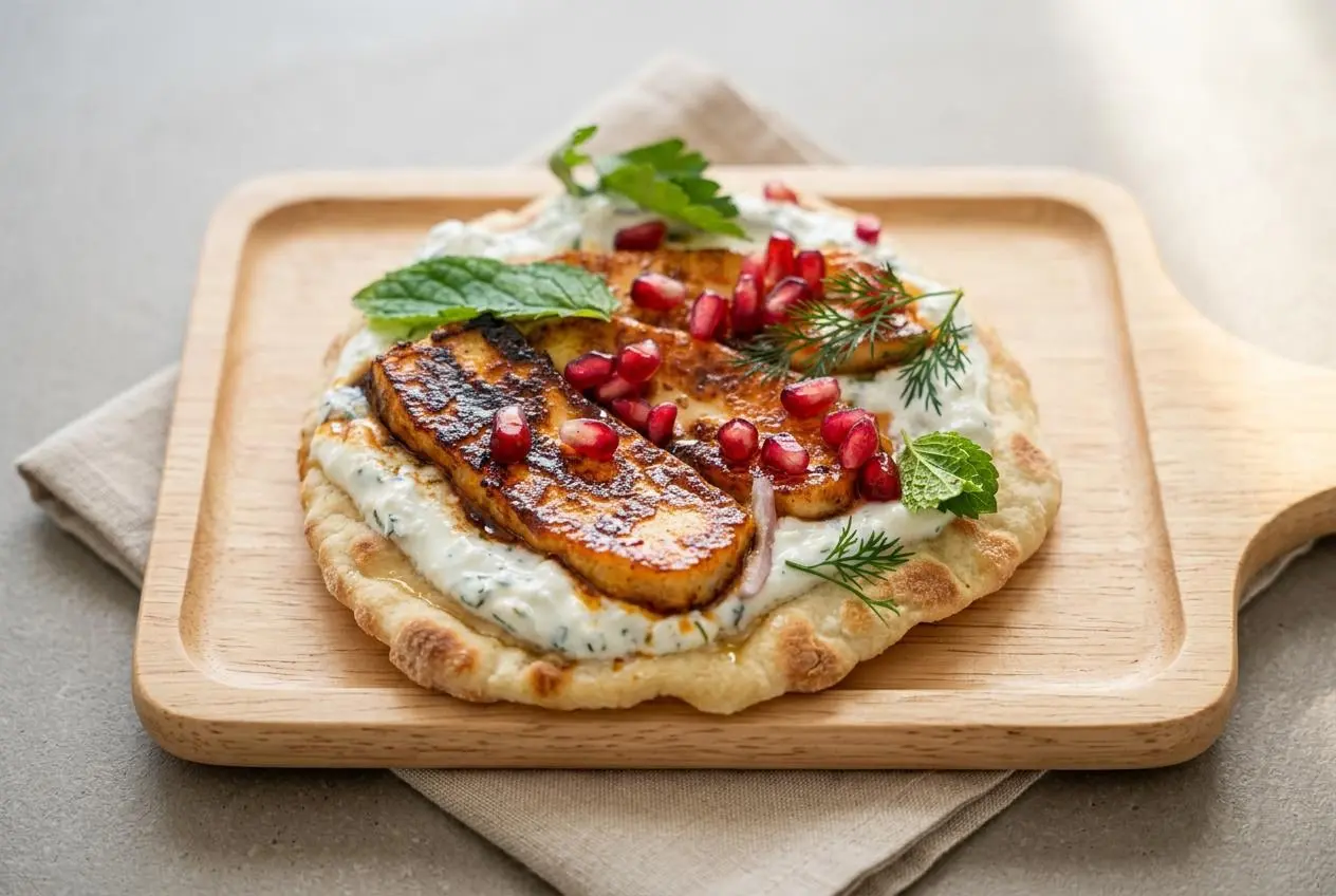 Hot honey halloumi flatbreads topped with glossy seared cheese, cool mint yogurt, and ruby pomegranate seeds.