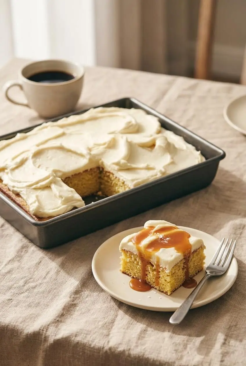 Square of hot milk cake on a ceramic plate drizzled with caramel sauce and flaky sea salt beside the baking pan