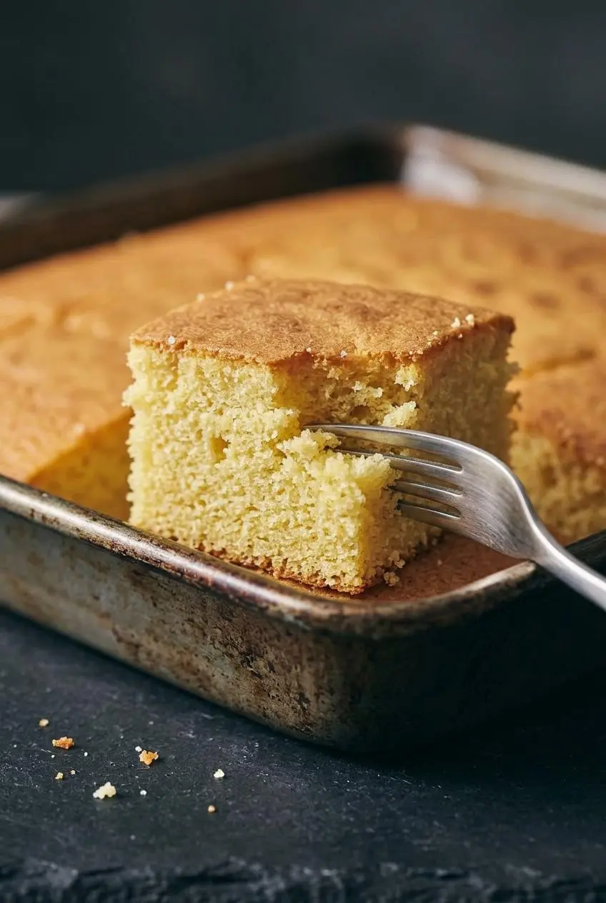 Close-up of a sliced golden vanilla sponge cake square with a silver pastry fork touching the moist crumb