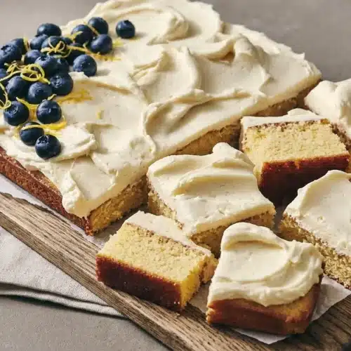 Freshly baked hot milk cake sliced into squares showing a moist, fine-grained golden vanilla crumb
