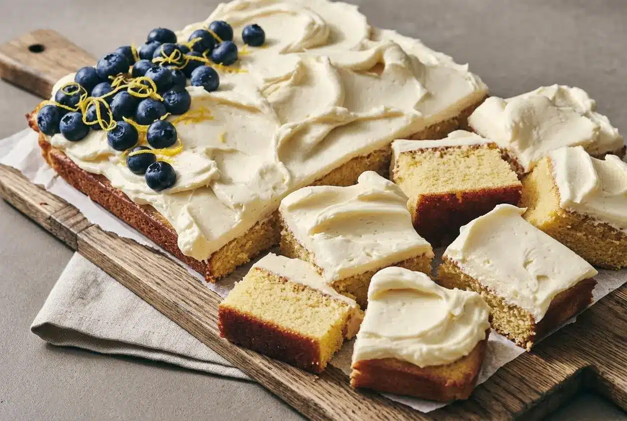 Freshly baked hot milk cake sliced into squares showing a moist, fine-grained golden vanilla crumb