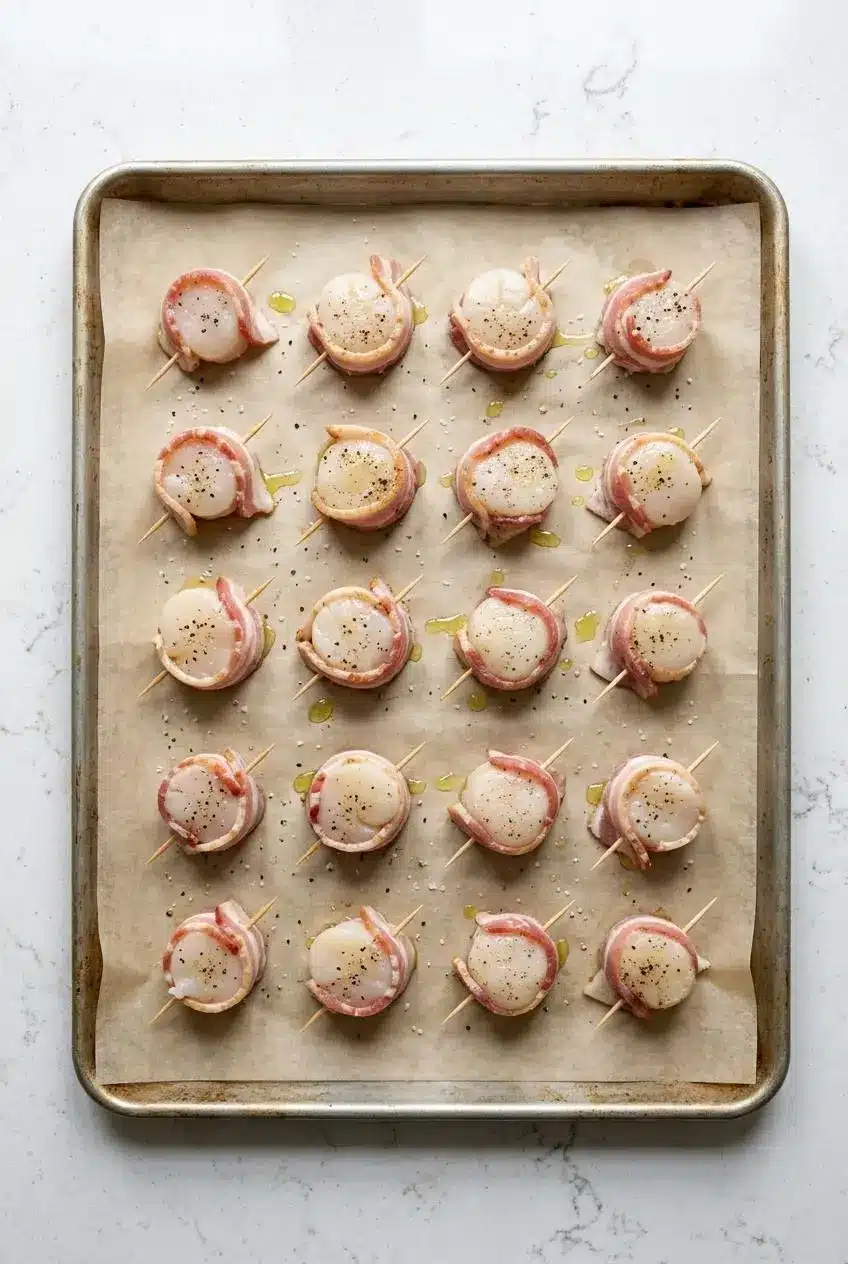 Overhead view of sixteen raw sea scallops wrapped in bacon on a parchment-lined baking sheet seasoned with oil and pepper.