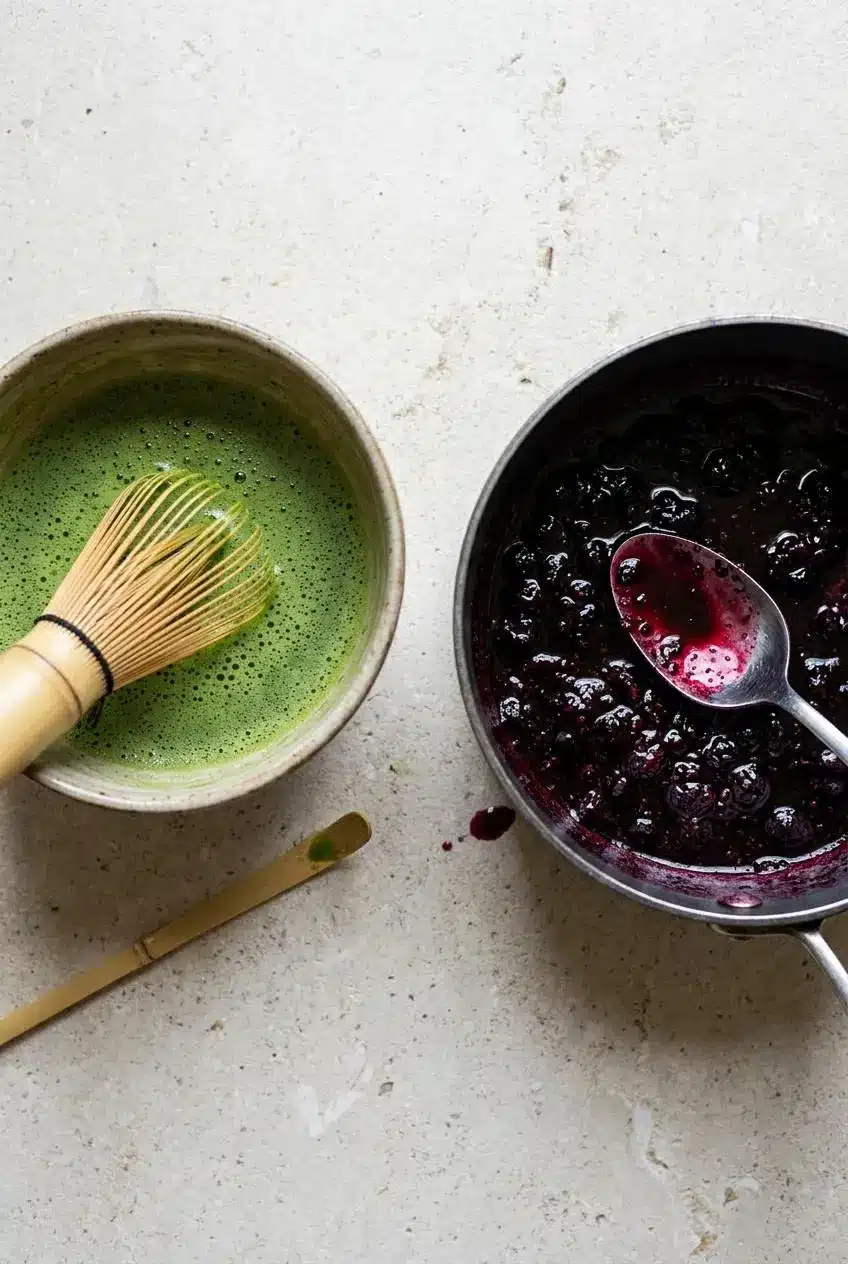 Overhead view of whisked green matcha in a ceramic bowl beside a saucepan of glossy blueberry syrup.