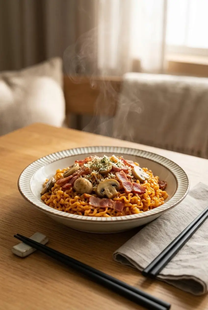 Steaming bowl of creamy Buldak carbonara ramen served with chopsticks and a linen napkin at a dining table.
