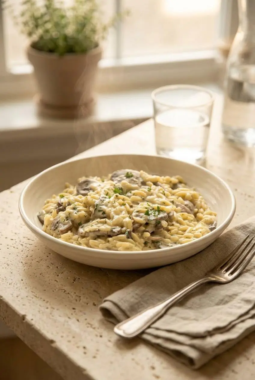 Shallow ceramic bowl of warm creamy mushroom orzo garnished with cracked black pepper and parsley on a dining table.