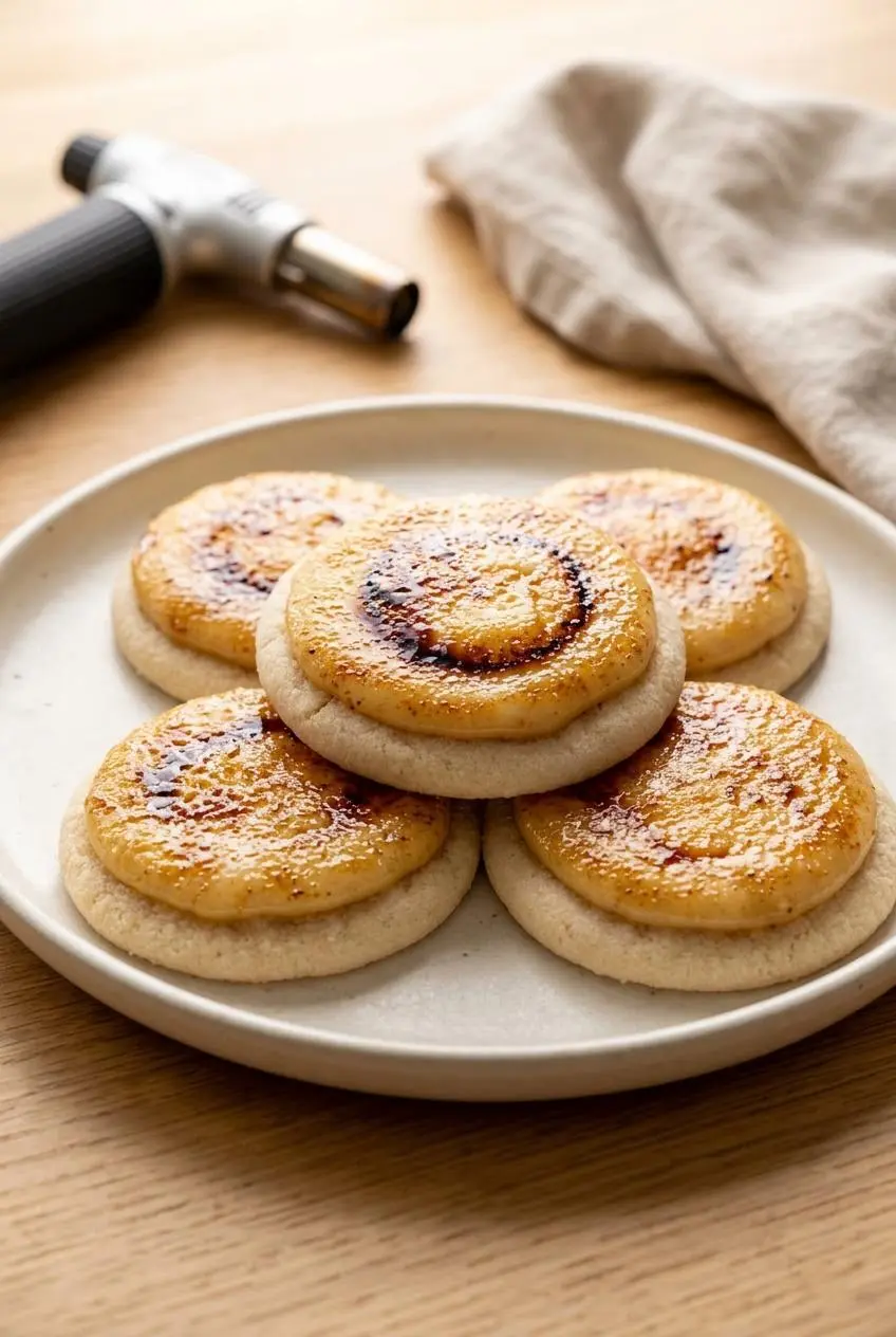 Four finished creme brulee cookies with torched caramelized toppings arranged on a ceramic platter.