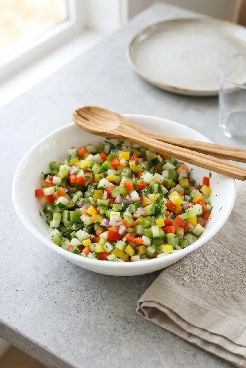 Cucumber sweet pepper salad served in a ceramic bowl with wooden tossing servers on a stone dining table.