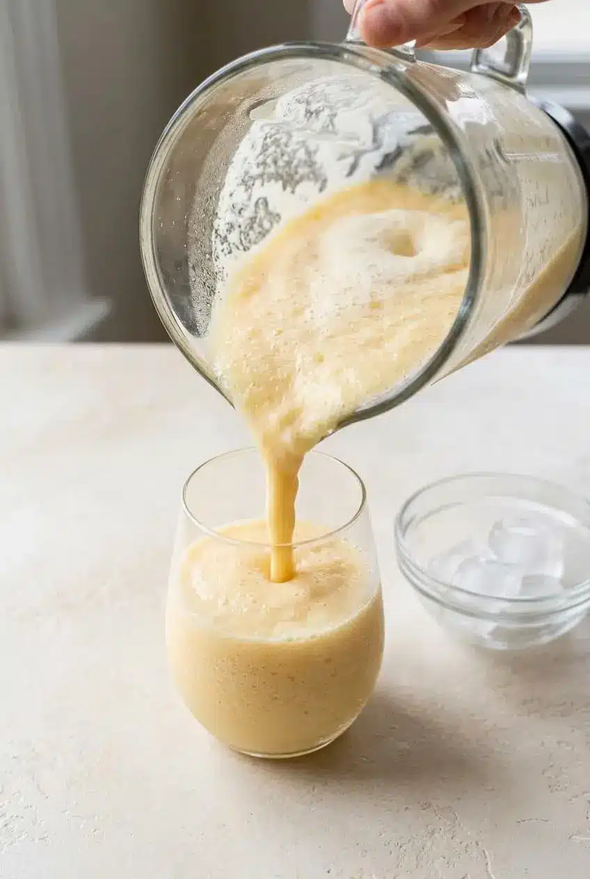 Glass blender pitcher pouring thick pastel orange slush with white foam into a clear glass beside a bowl of ice cubes.