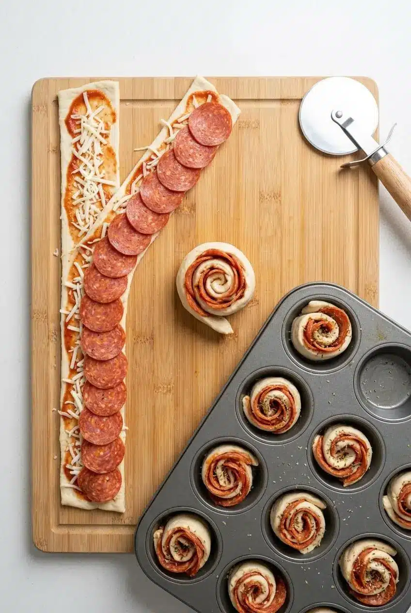 Overhead view of pizza dough strips topped with sauce, mozzarella, and overhanging pepperoni next to a muffin tin.