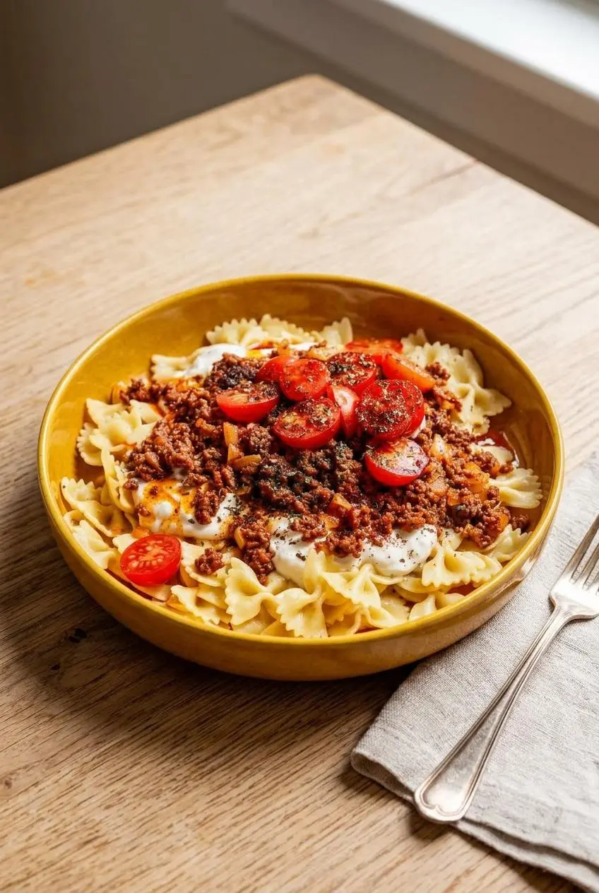 Turkish pasta served in a shallow bowl on a rustic dining table with cherry tomatoes and dried mint.