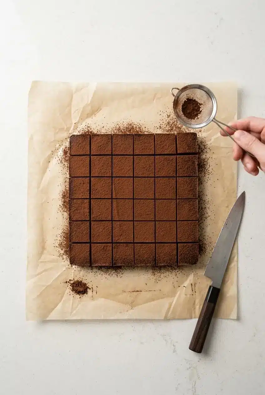 Overhead view of a chilled nama chocolate slab on parchment paper being sliced into squares and dusted with cocoa.