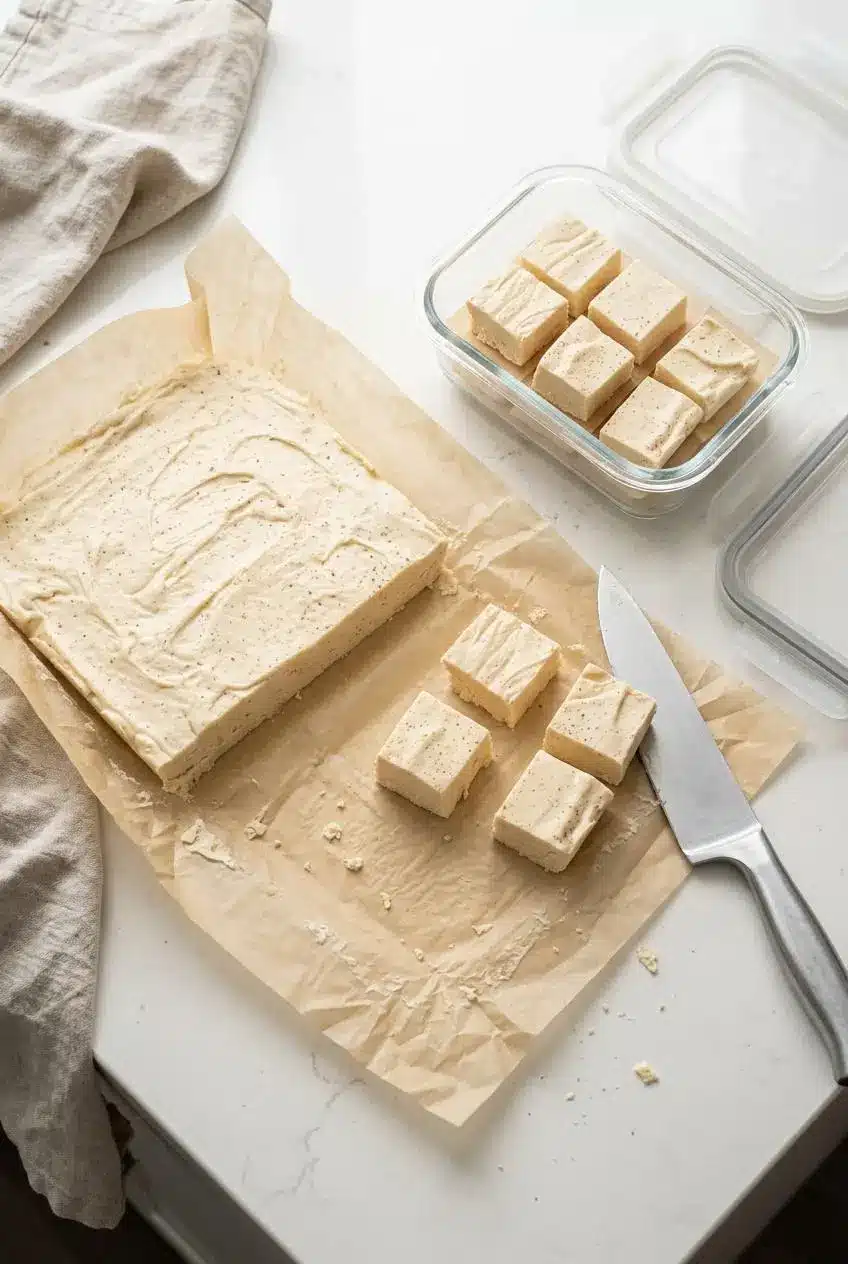 Chilled fudge slab on parchment paper beside a chef's knife and squares stacked in a glass container.
