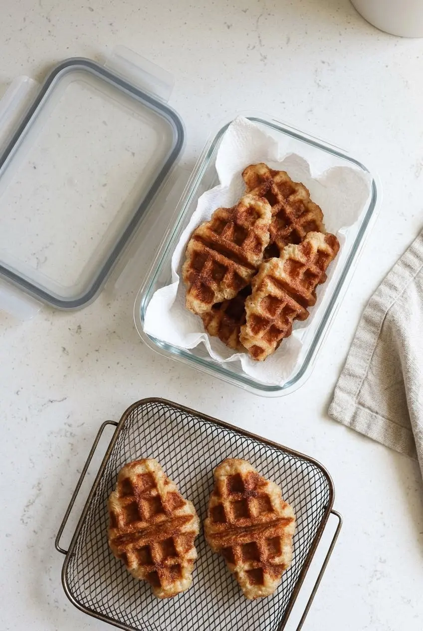 Cooled untopped croffles in a paper-towel-lined glass container next to two croffles on a metal air-fryer tray