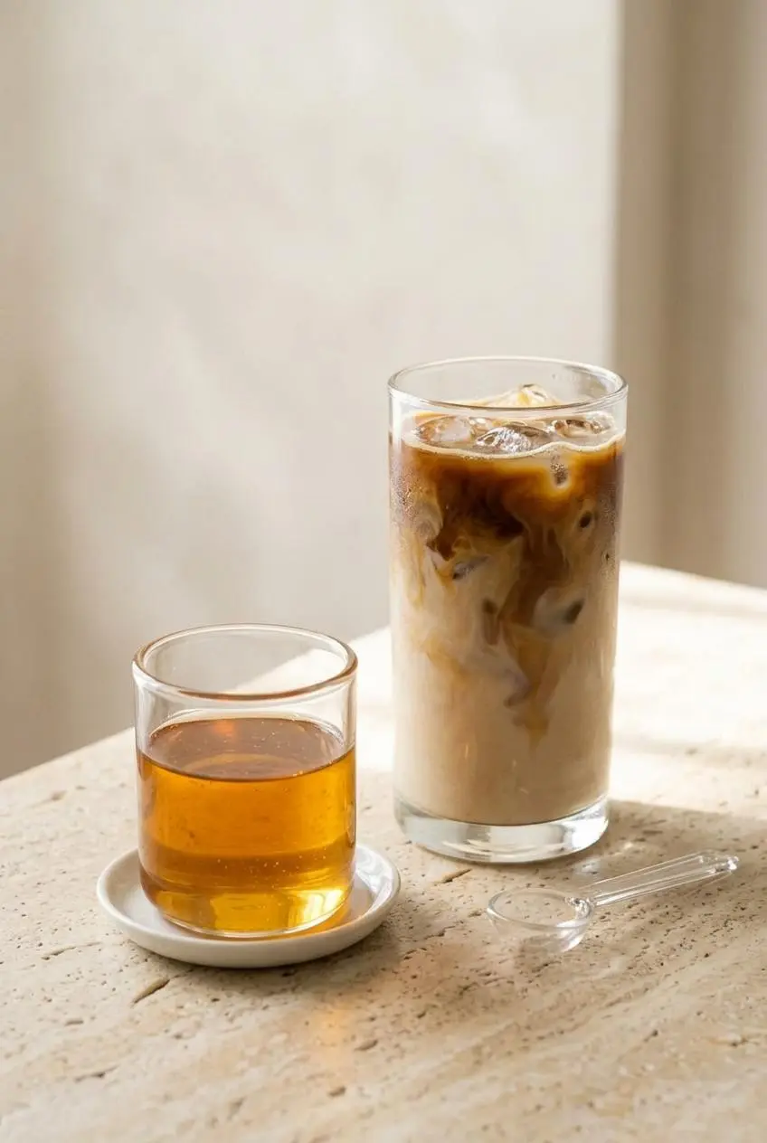Iced almond milk latte with swirling espresso next to a glass bottle of Sugar Cookie Latte Syrup