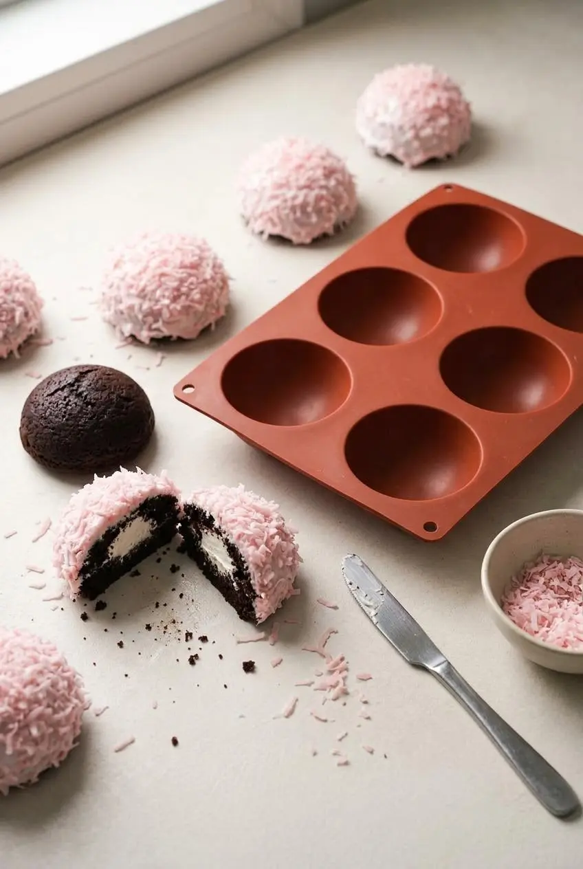 Individual dome snowball cakes with pink coconut and cream filling next to a baked chocolate dome and silicone mold
