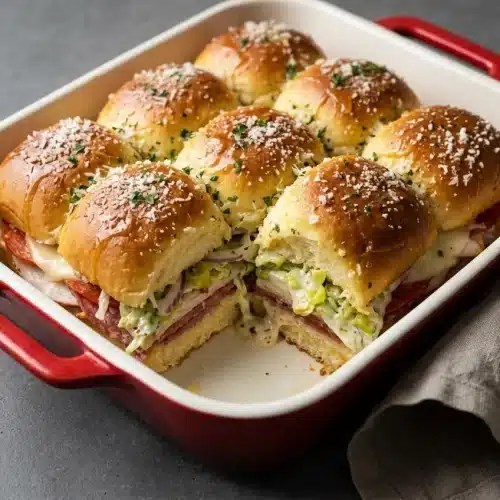 Warm italian grinder sliders on golden garlic-buttered rolls with melted provolone, deli meats, and crisp pepperoncini salad.