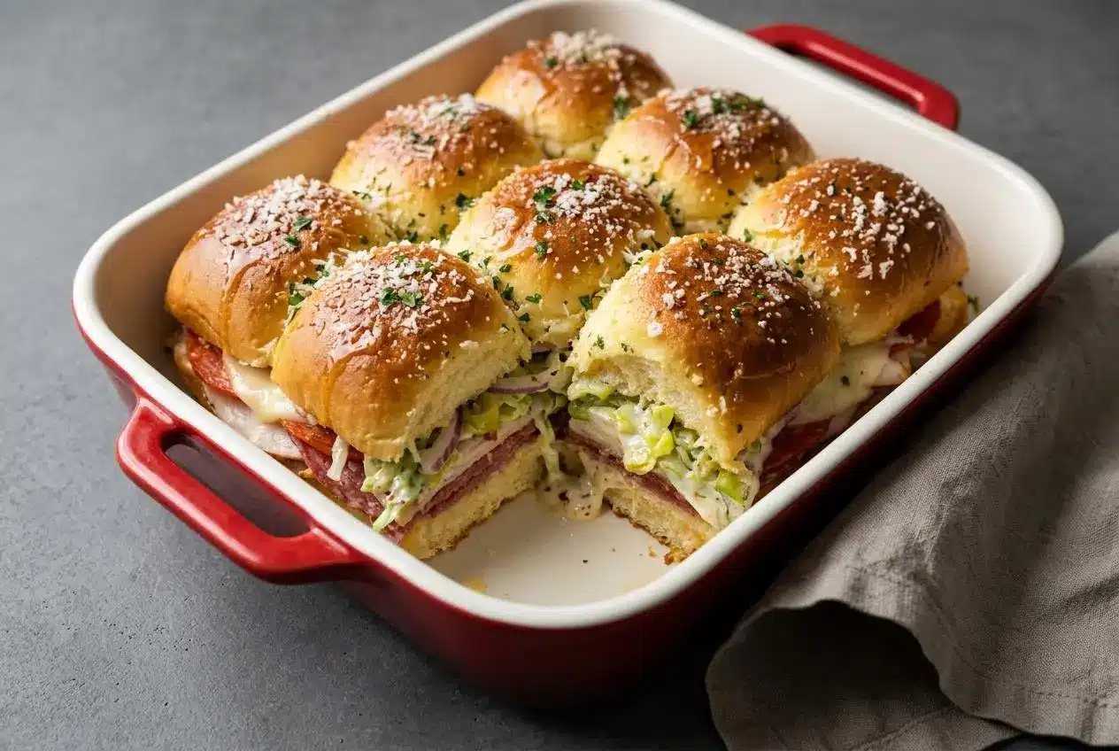 Warm italian grinder sliders on golden garlic-buttered rolls with melted provolone, deli meats, and crisp pepperoncini salad.