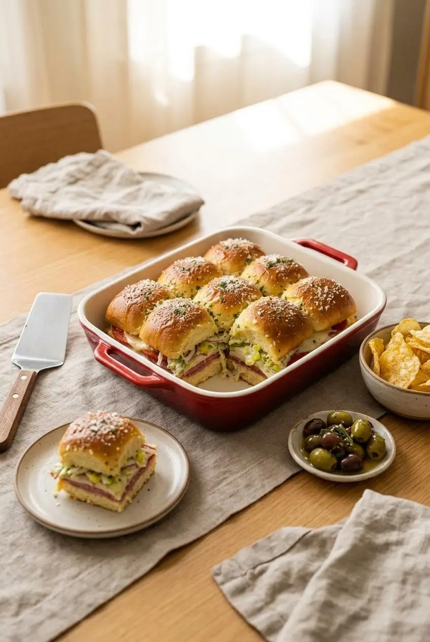 Baking dish of italian grinder sliders served on a wooden table alongside kettle-cooked potato chips and marinated olives.