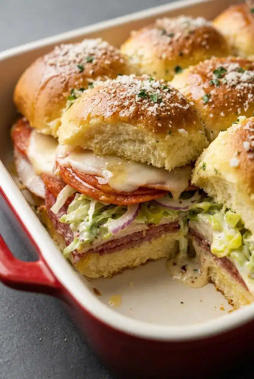 Close-up of slider rolls lifted to show melted provolone, honey drizzle, and crisp grinder salad over layered deli meats.