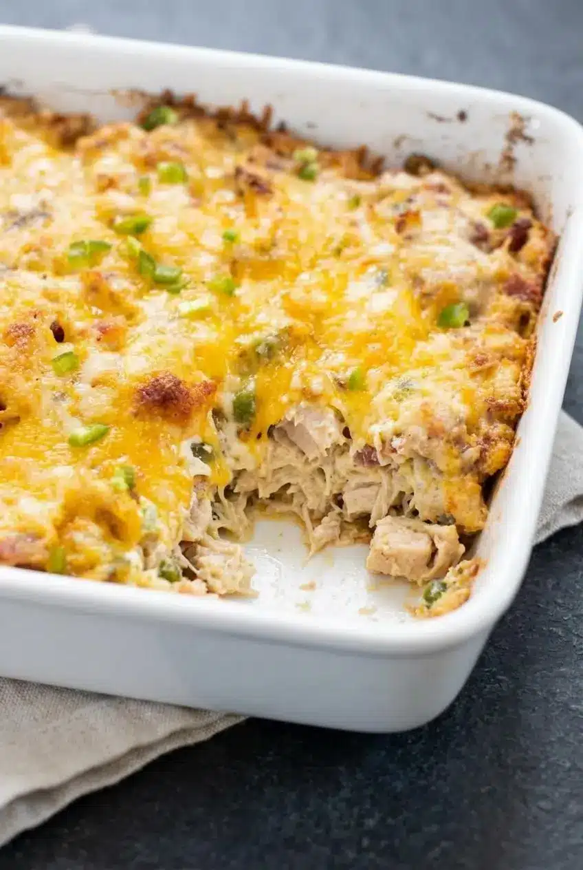 Close-up of a scooped corner of jalapeno popper chicken casserole showing creamy chicken filling and melted cheddar.