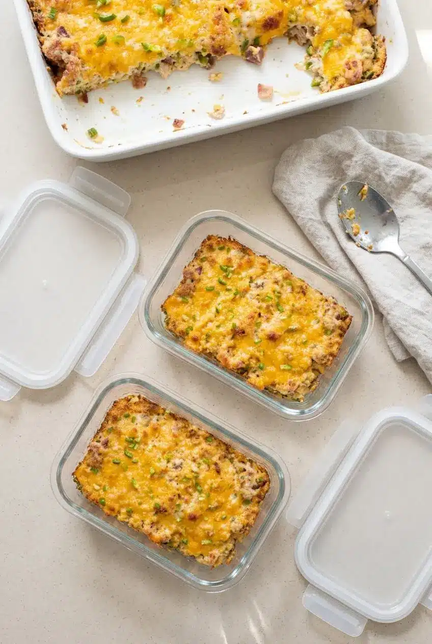 Cooled portions of jalapeno popper chicken casserole divided into two shallow glass meal-prep containers with lids nearby.