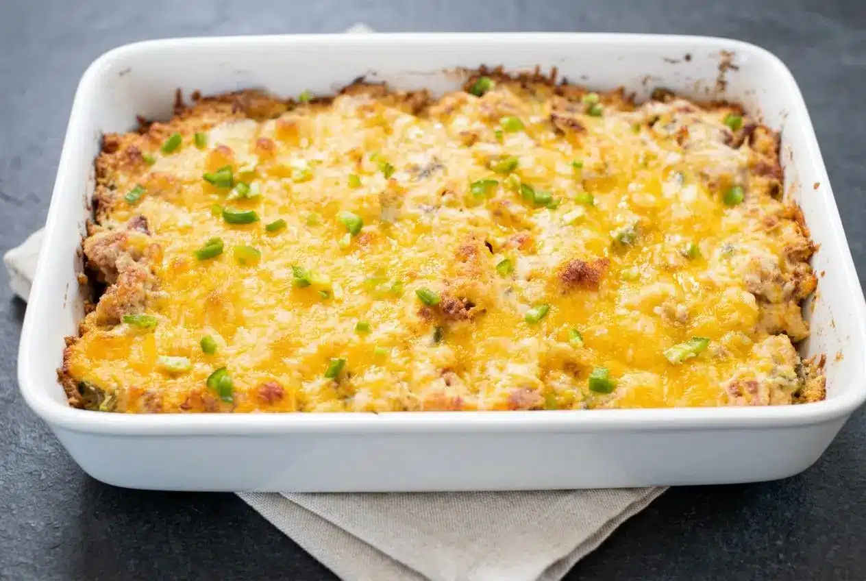Baked jalapeno popper chicken casserole recipe in a 9x13 dish with a golden bubbly cheddar topping, bacon, and jalapenos.